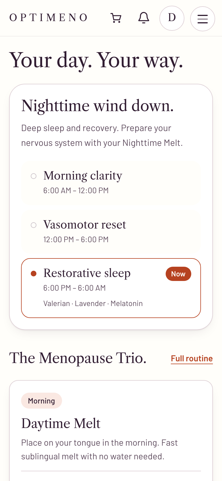 OptiMeno app, Today: your routine for the day and a quick check-in