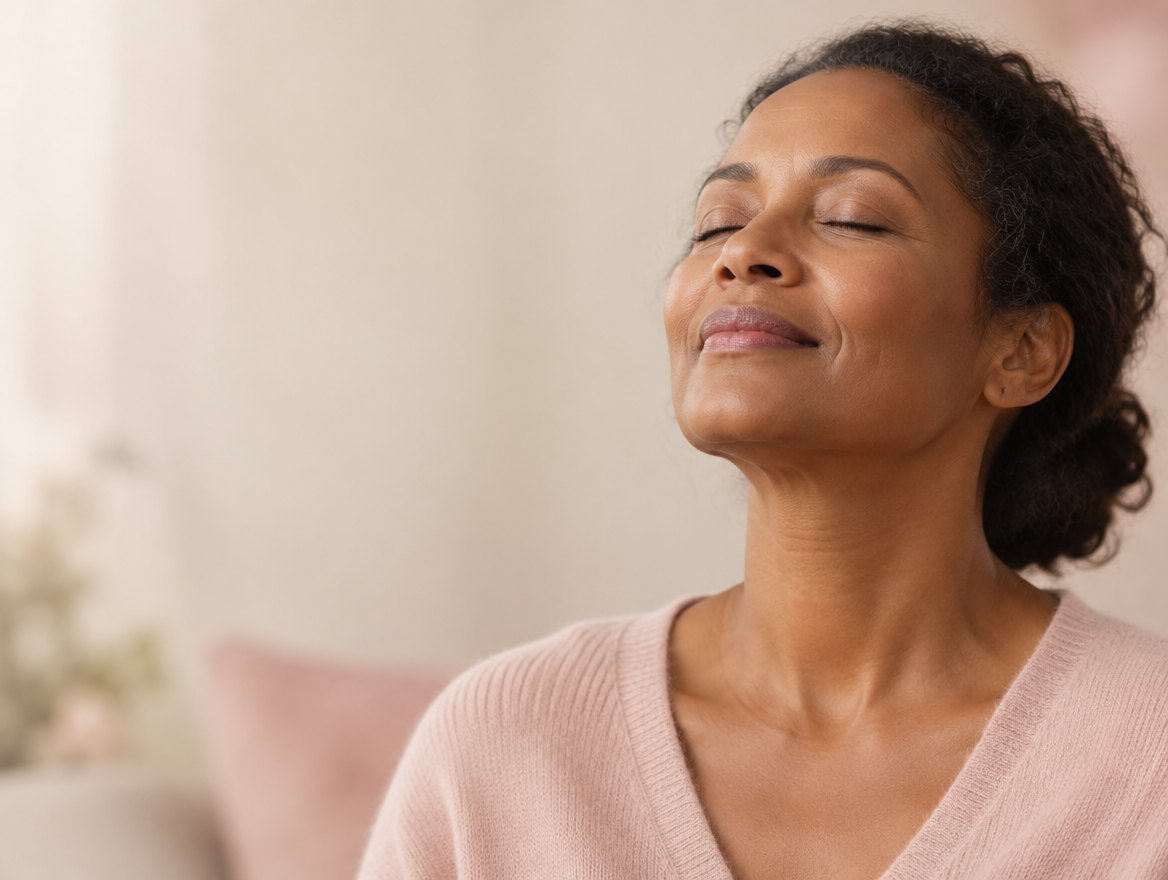 A woman with her eyes closed, taking a slow breath