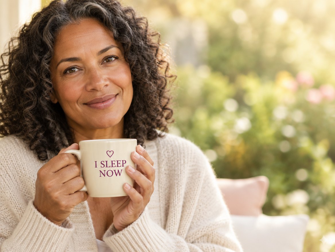 A woman smiling over a mug that reads I sleep now